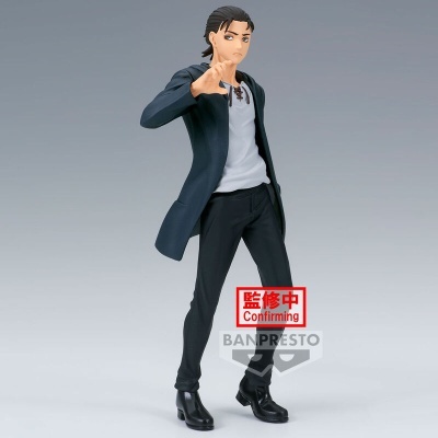 Figura colecionável de personagem masculino com casaco comprido azul escuro e roupas pretas