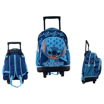 Mochila de rodinhas azul com estampado do personagem Stitch e alças ajustáveis