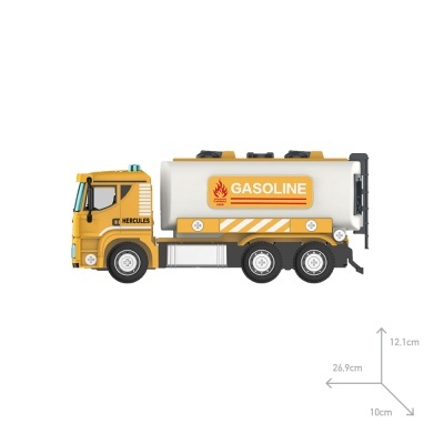 Camião cisterna amarelo com tanque cinza e etiqueta GASOLINE