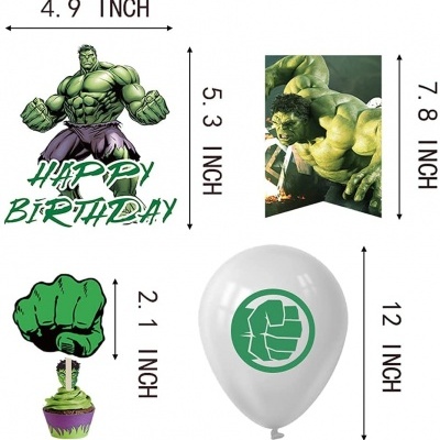 Conjunto de itens temáticos do Hulk para festa, incluindo cartão, suporte para cupcake, balão branco com punho verde e poster.