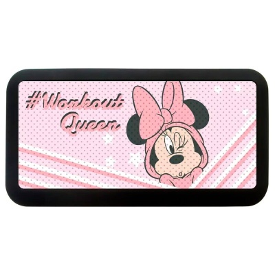 Tapete de exercício rosa com a imagem da Minnie Mouse e texto '#Workout Queen'
