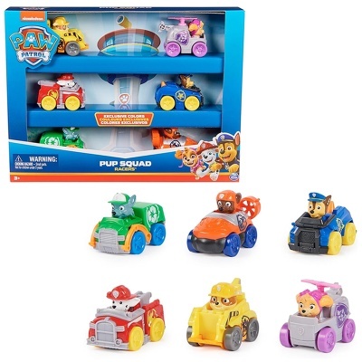Conjunto de carros Paw Patrol em embalagem azul com seis carrinhos coloridos