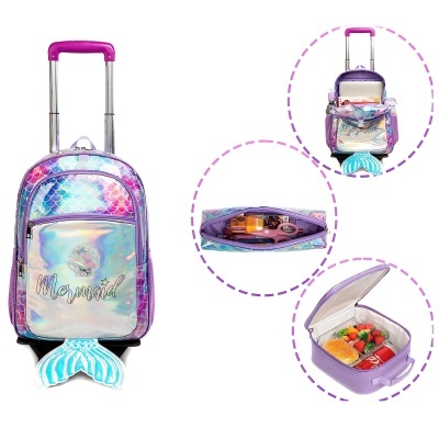 Mochila com rodas iridescente azul e lilás com texto Mermaid, alça telescópica roxa e compartimento térmico lilás