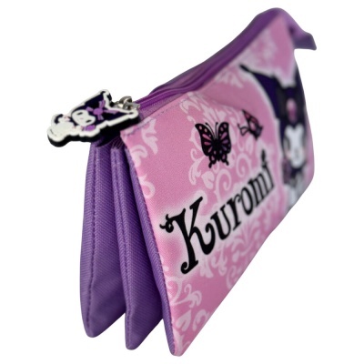 Estojo rosa Kuromi com zip roxo e padrão de borboletas