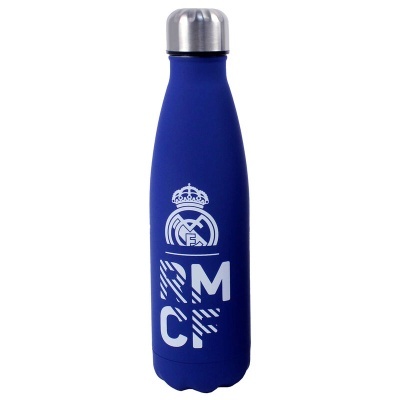 garrafa térmica azul com logo Real Madrid e letras RMCF brancas