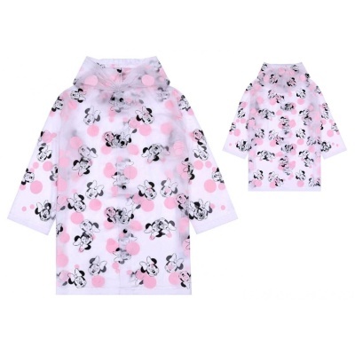 Casaco impermeável transparente com padrão Minnie Mouse e bolas cor-de-rosa.