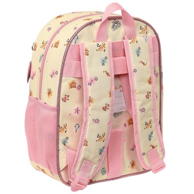 Mochila infantil creme com padrão de flores e corações e detalhes cor-de-rosa