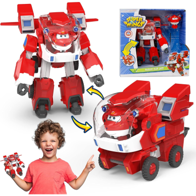 Brinquedo Super Wings transformável vermelho com caixa azul, criança sorrindo