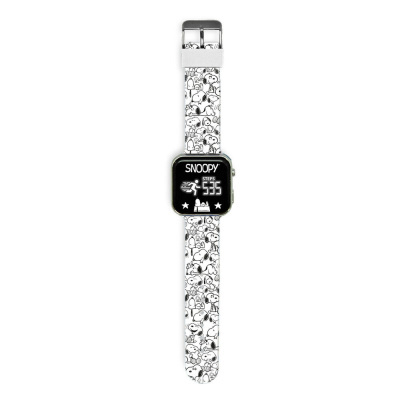 Relógio digital com bracelete branca estampada com personagens Snoopy em preto e branco.