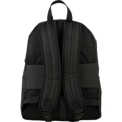 Mochila preta vista pelas costas com alças acolchoadas e pega superior