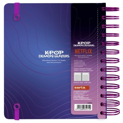 Caderno escolar KPop Demon Hunters azul e roxo com espiral e elástico roxos