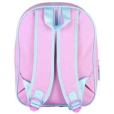 mochila infantil rosa com alças azuis claras vista de costas