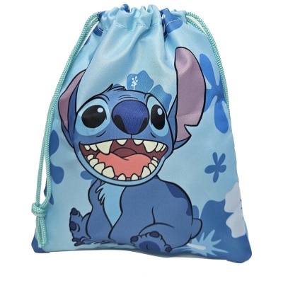 Saco azul com imagem de Stitch e flores azuis e brancas