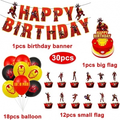 Conjunto de festa Iron Man com faixa, balões e bandeiras em vermelho, preto e amarelo