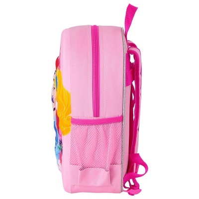 Mochila infantil rosa com bolso lateral em malha e fecho de correr cor de rosa