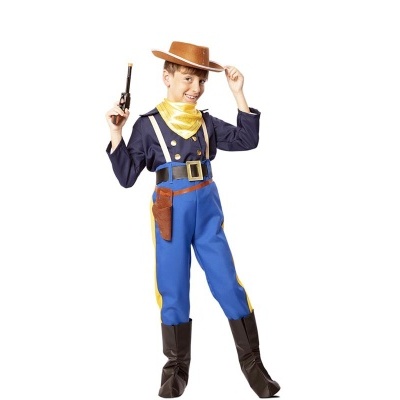 Fato de cowboy infantil azul e amarelo com acessórios castanhos e pretos