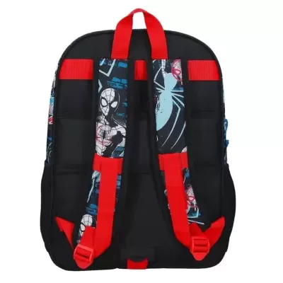 Mochila preta com alças e detalhes vermelhos e padrão Homem-Aranha