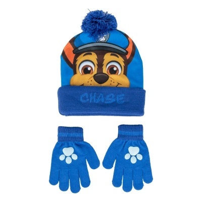 Conjunto infantil azul com gorro do personagem Chase e luvas com desenho de patas