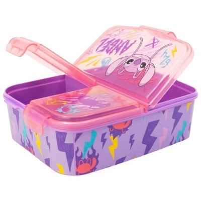 Caixa de plástico roxa com tampa cor-de-rosa transparente e desenhos coloridos.