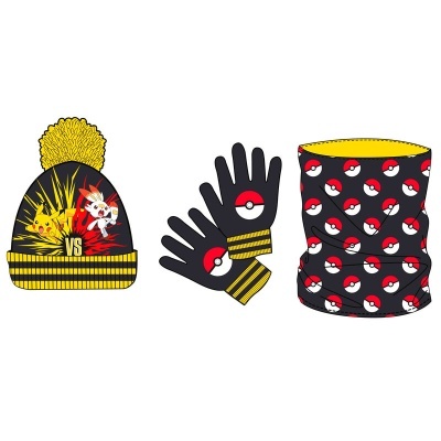 Conjunto de gorro, luvas e cachecol com tema Pokémon em preto, amarelo e vermelho