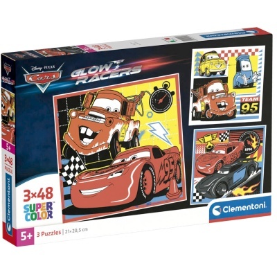 Caixa de 3 puzzles com tema Disney Pixar Cars 3 Glow Racers da Clementoni