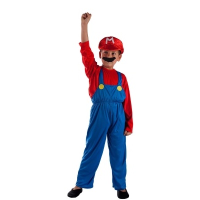 Fato de criança do personagem Mario com calças azuis, camisa vermelha e boné vermelho com M.