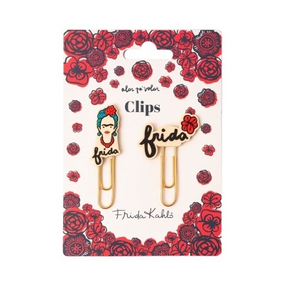 Pacote de clips decorativos com tema Frida Kahlo em fundo branco com flores vermelhas