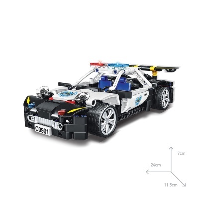 Carro de polícia de brinquedo, blocos plásticos, cores preto e branco, luzes de emergência azuis e vermelhas, matrícula C0901