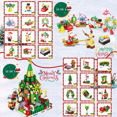 Peças LEGO natalícias coloridas incluindo árvore de Natal, Papai Noel e guirlandas, texto Merry Christmas e 12 IN 1