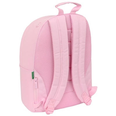 Mochila rosa claro vista de costas com alças acolchoadas e etiqueta verde