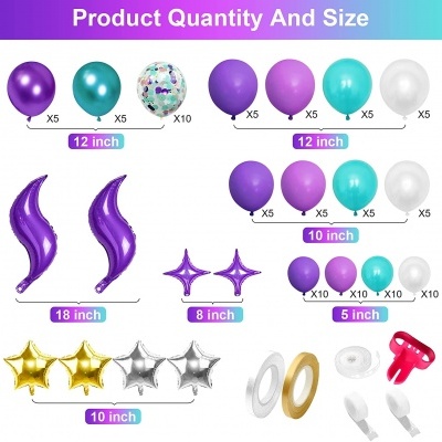 Conjunto colorido de balões de látex e folheados com acessórios para encher e decorar