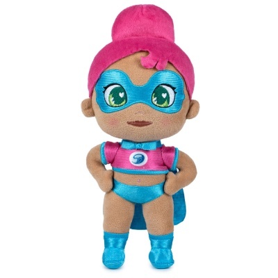 Boneco de peluche super-heroína com máscara azul e cabelo cor-de-rosa