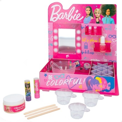 Conjunto de maquilhagem Barbie com espelho e acessórios em tons rosa e transparentes