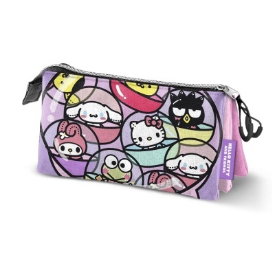 Estojo roxo com personagens da Sanrio e fecho de correr
