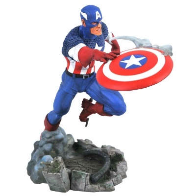 Estatueta de Captain America com escudo e base simulando chão destruído