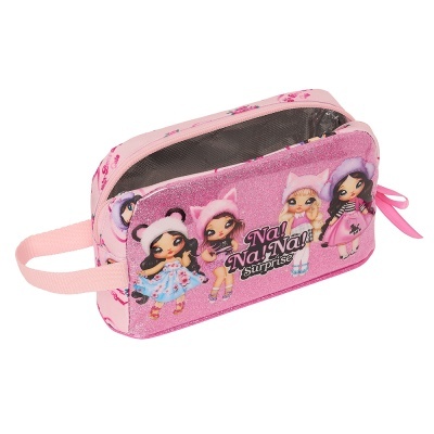 Bolsa rosa pequena com personagens animadas e texto Na! Na! Na! Surprise