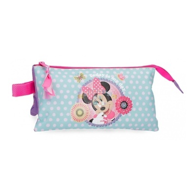 Estojo azul claro com bolinhas brancas, imagem da Minnie Mouse e fecho rosa