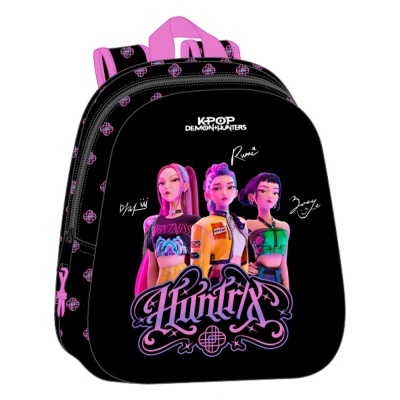 Mochila preta e rosa com personagens e texto