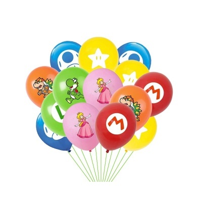 Balões coloridos com personagens e símbolos Super Mario