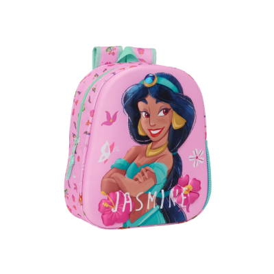Mochila rosa infantil com personagem Jasmine Disney e flores