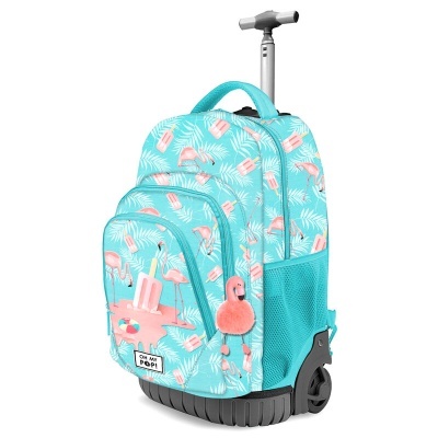 Mala de rodas azul clara com padrão de flamingos e folhas, alça telescópica e chaveiro flamingo