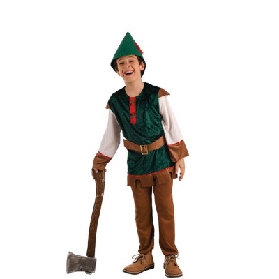 Criança com fato infantil tipo Robin Hood segurando um machado falso