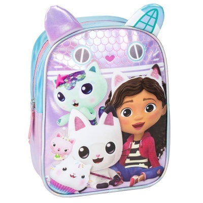 Mochila infantil roxa e azul com personagens animados e orelhas 3D