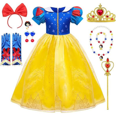 Conjunto fantasia infantil Branca de Neve com vestido amarelo e azul, tiara dourada, luvas, varinha e acessórios.