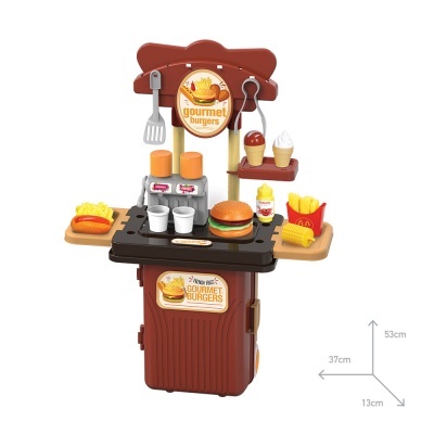 Brinquedo de cozinha de hamburguer com acessórios coloridos e sinais 'gourmet burgers'.