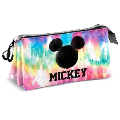 Estojo escolar tie-dye colorido com desenho das orelhas do Mickey e texto MICKEY