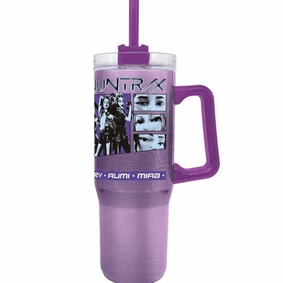 Copo térmico roxo com tampa transparente, canudo e alça roxa, com design de mulheres e texto