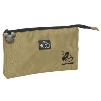 Estojo retangular verde-oliva com fecho preto e decoração Disney Mickey e Minnie Mouse