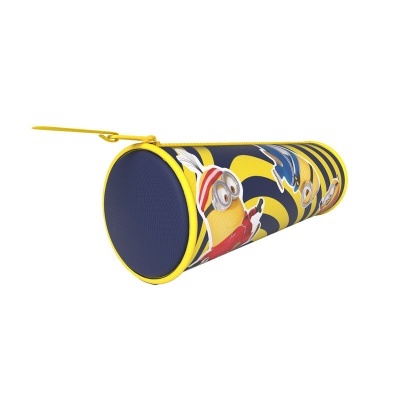 Estojo escolar cilíndrico com personagens Minions em amarelo e azul