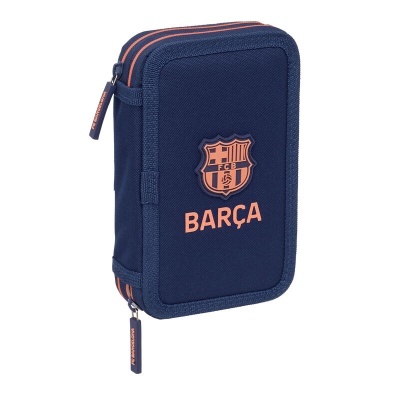 Estojo azul escuro com emblema do FC Barcelona e fechos laranja